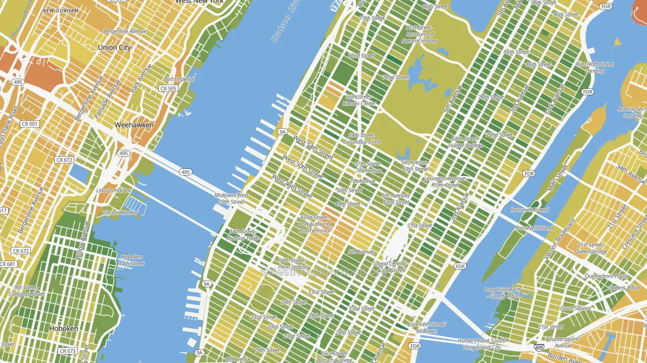 Map of the best neighborhoods in the Theater District, Manhattan area, with better matches in green and worse matches in red