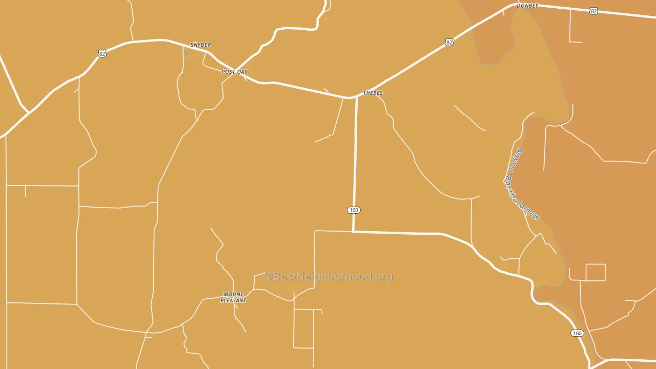 Map of the best neighborhoods in the Thebes area, with better matches in green and worse matches in red