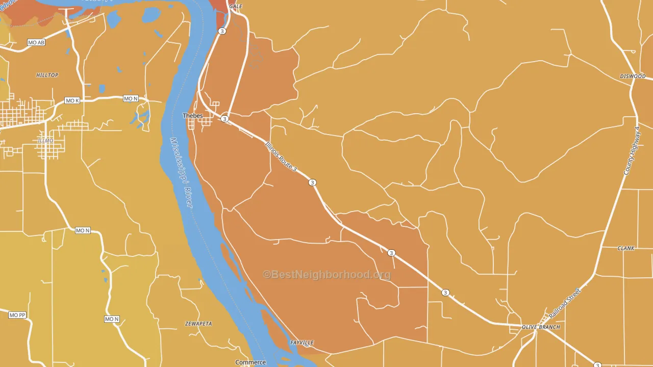 Map of the best neighborhoods in the Thebes area, with better matches in green and worse matches in red