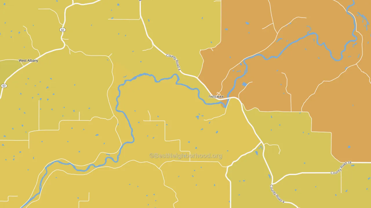 Map of the best neighborhoods in the Theilman area, with better matches in green and worse matches in red