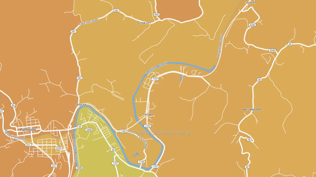 Map of the best neighborhoods in the Thelma area, with better matches in green and worse matches in red