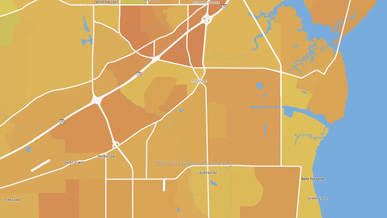 Map of the best neighborhoods in the Theodore area, with better matches in green and worse matches in red