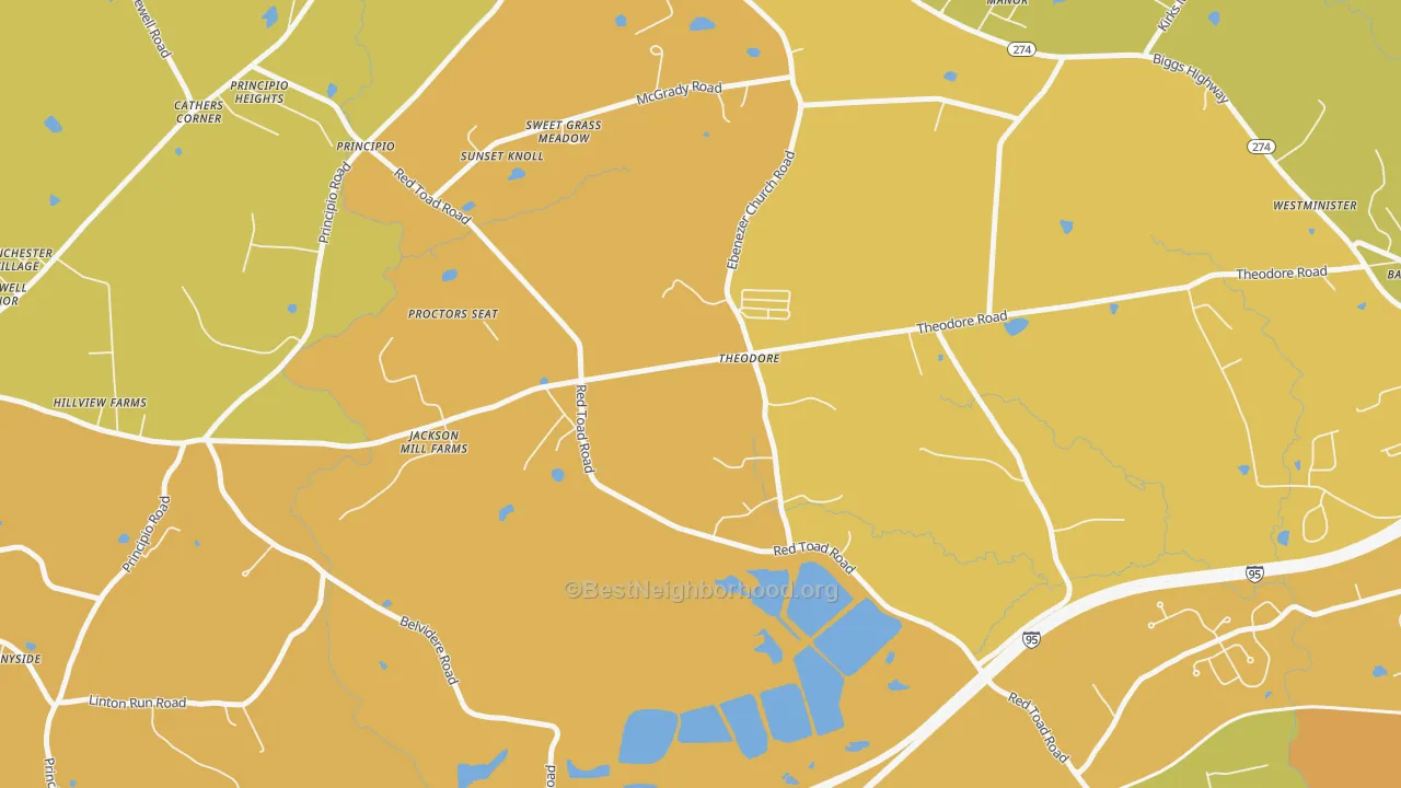 Map of the best neighborhoods in the Theodore area, with better matches in green and worse matches in red