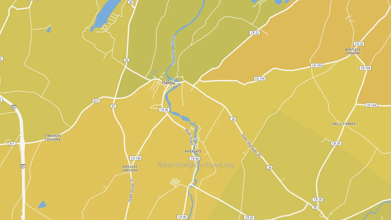 Map of the best neighborhoods in the Theresa area, with better matches in green and worse matches in red