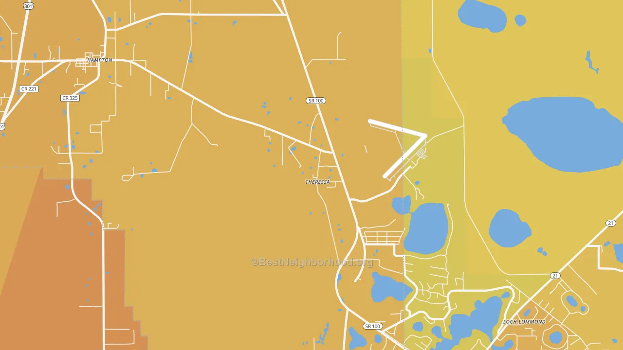 Map of the best neighborhoods in the Theressa area, with better matches in green and worse matches in red