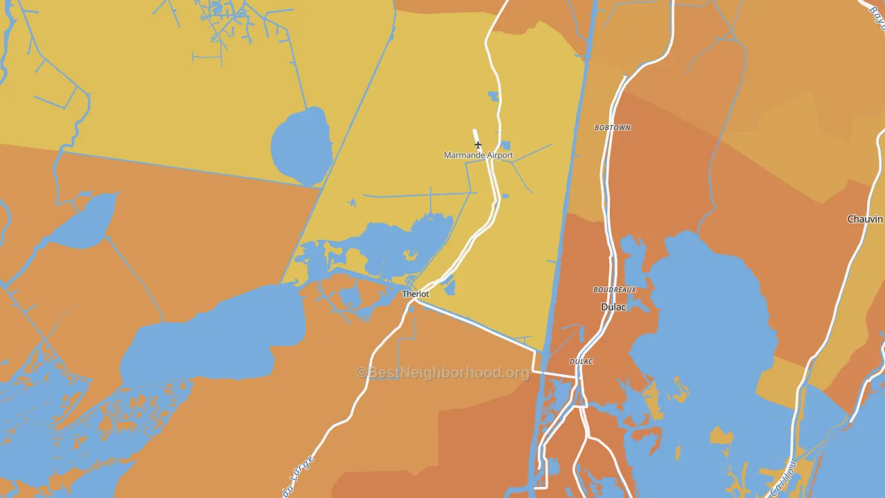 Map of the best neighborhoods in the Theriot area, with better matches in green and worse matches in red