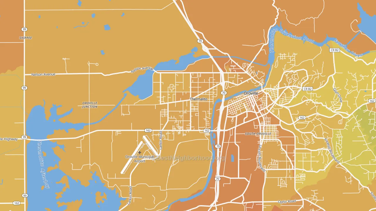 Map of the best neighborhoods in the Thermalito area, with better matches in green and worse matches in red