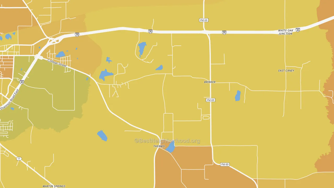 Map of the best neighborhoods in the Thermo area, with better matches in green and worse matches in red