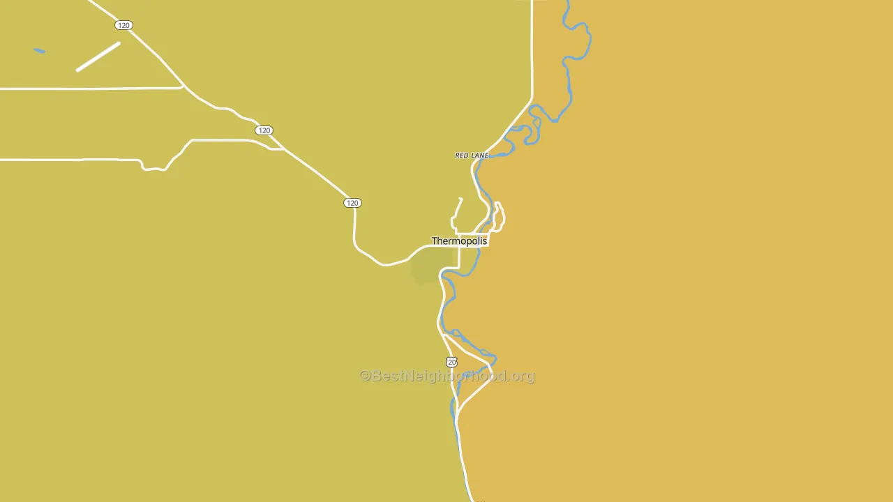Map of the best neighborhoods in the Thermopolis area, with better matches in green and worse matches in red