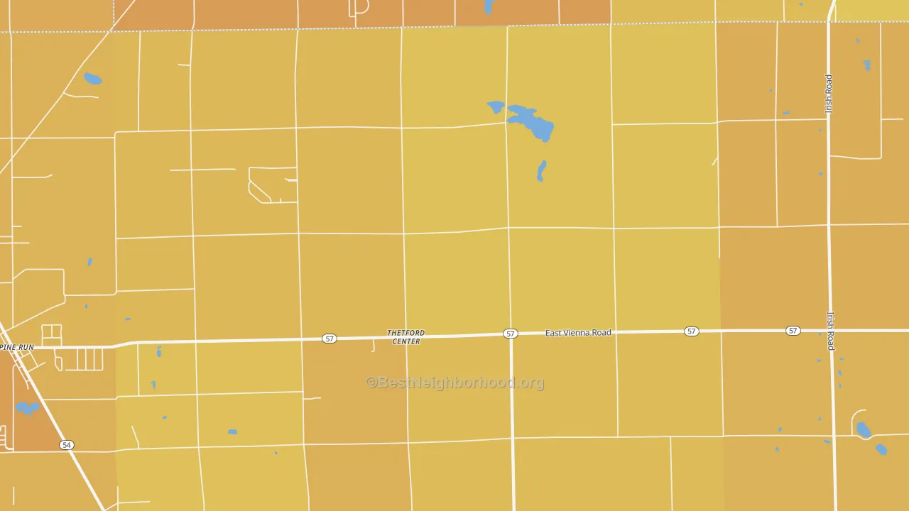 Map of the best neighborhoods in the Thetford Center area, with better matches in green and worse matches in red