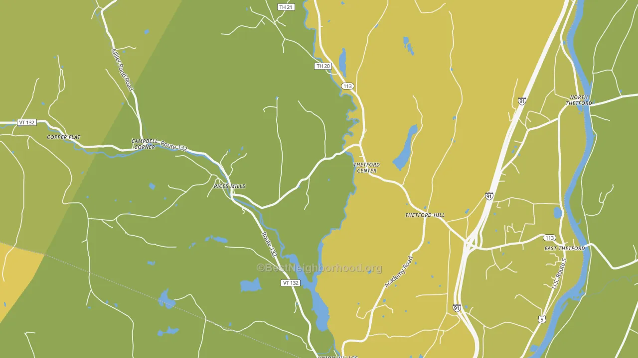 Map of the best neighborhoods in the Thetford Center area, with better matches in green and worse matches in red
