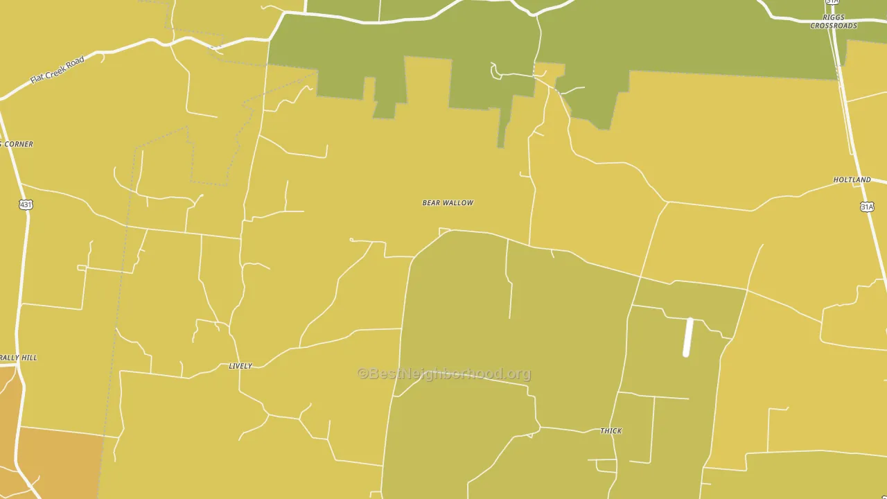 Map of the best neighborhoods in the Thick area, with better matches in green and worse matches in red