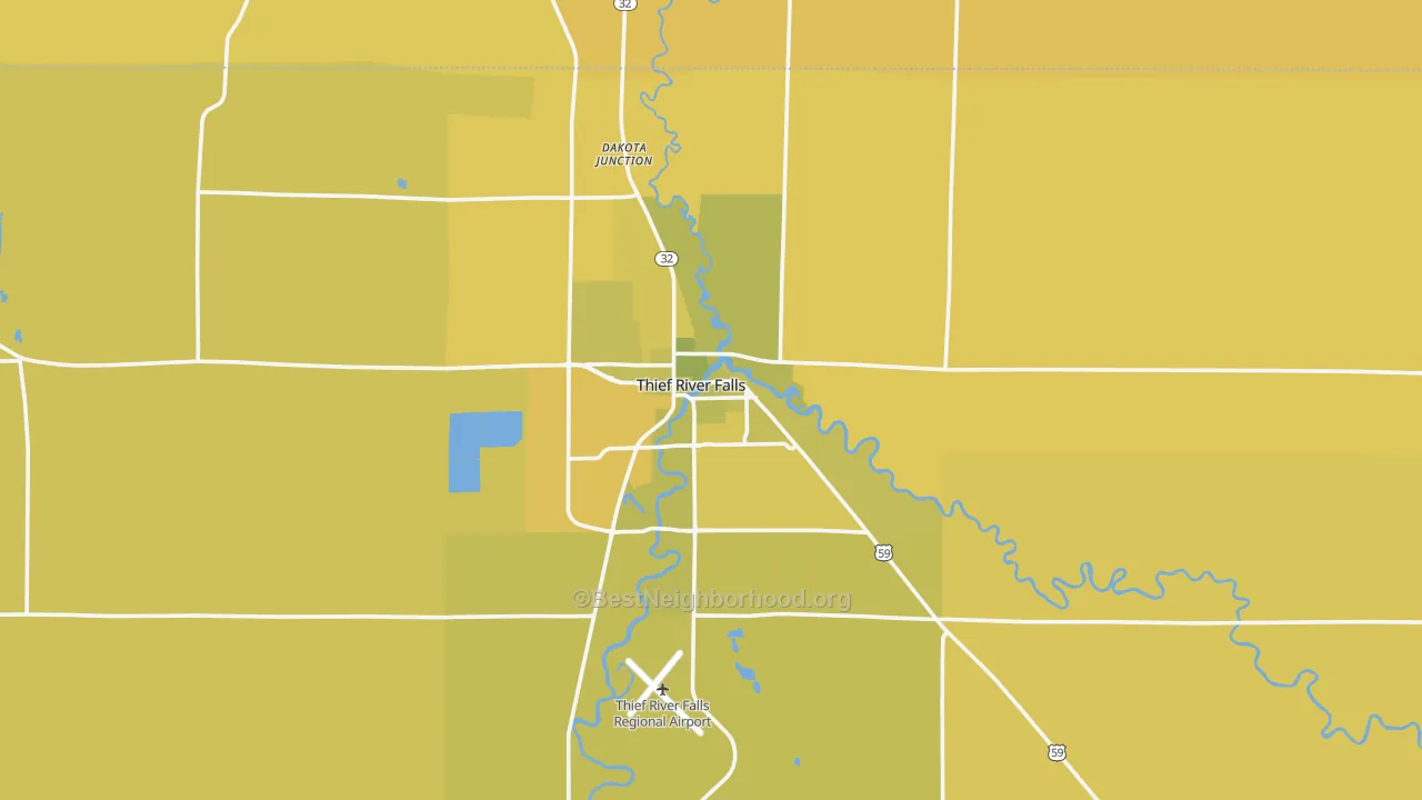 Map of the best neighborhoods in the Thief River Falls area, with better matches in green and worse matches in red