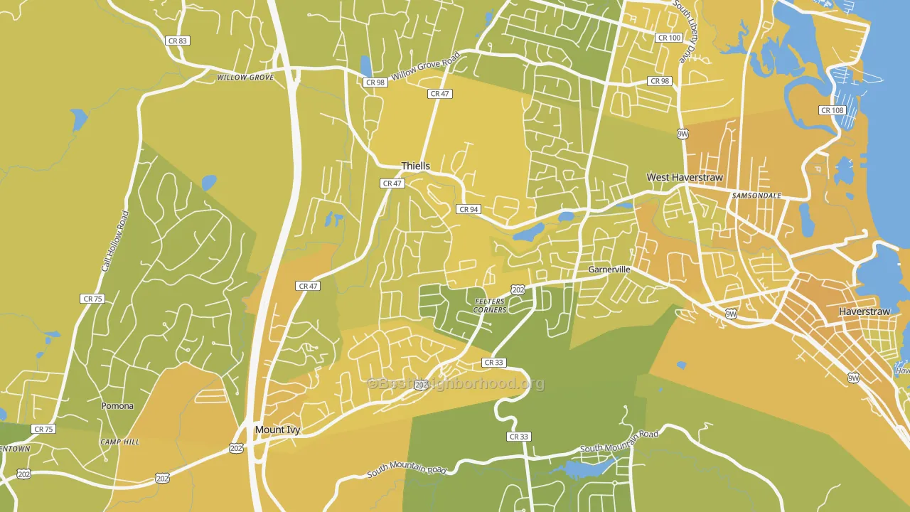Map of the best neighborhoods in the Thiells area, with better matches in green and worse matches in red