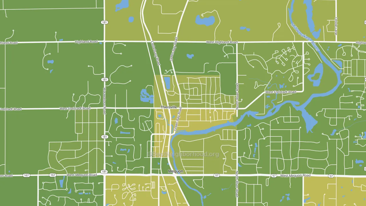 Map of the best neighborhoods in the Thiensville area, with better matches in green and worse matches in red