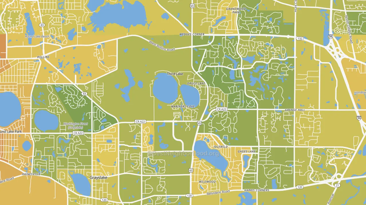 Map of the best neighborhoods in the Third Lake area, with better matches in green and worse matches in red