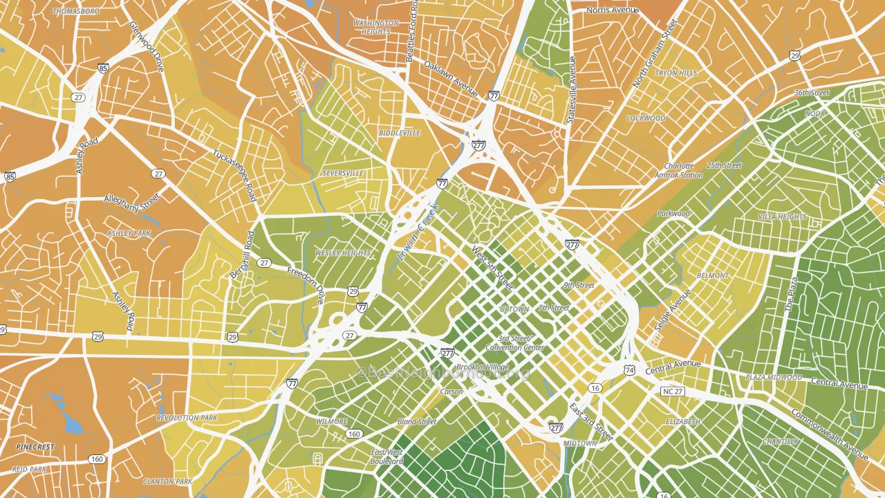 Map of the best neighborhoods in the Third Ward, Charlotte area, with better matches in green and worse matches in red