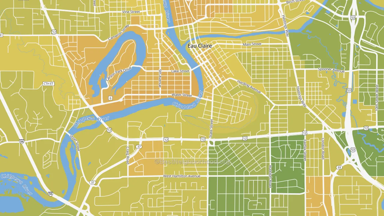 Map of the best neighborhoods in the Third Ward, Eau Claire area, with better matches in green and worse matches in red