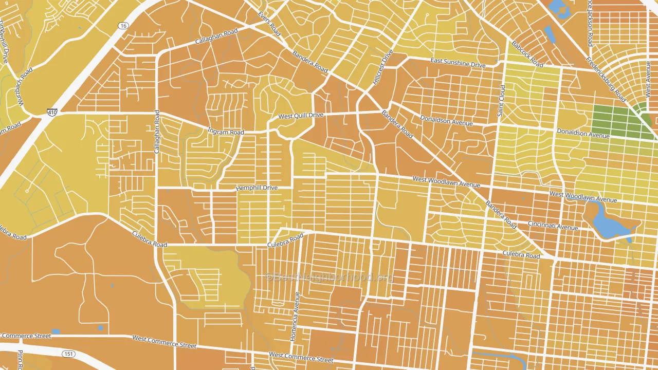 Map of the best neighborhoods in the Third World, San Antonio area, with better matches in green and worse matches in red