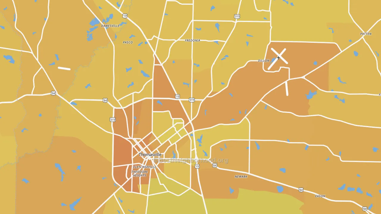 Map of the best neighborhoods in the Thomas County area, with better matches in green and worse matches in red