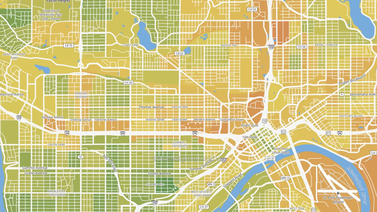 Map of the best neighborhoods in the Thomas-Dale, St. Paul area, with better matches in green and worse matches in red