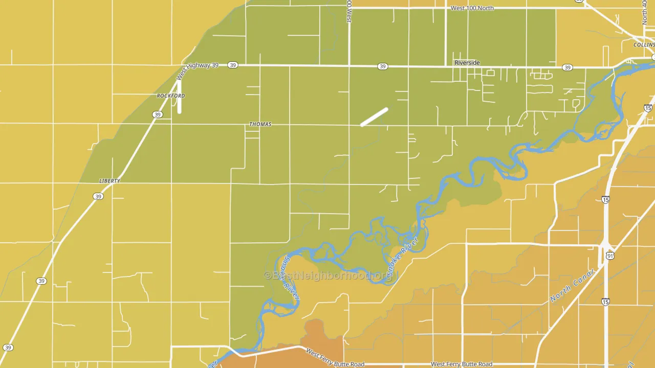 Map of the best neighborhoods in the Thomas area, with better matches in green and worse matches in red