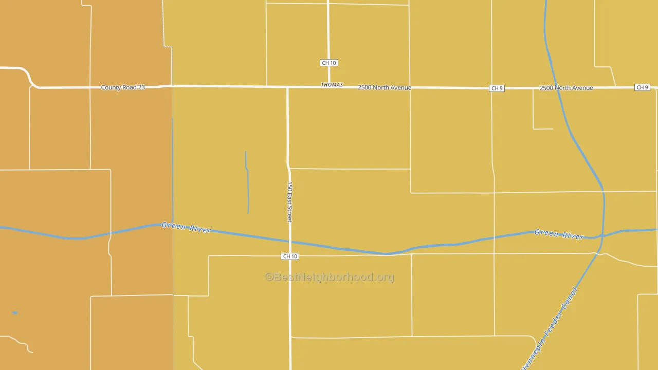 Map of the best neighborhoods in the Thomas area, with better matches in green and worse matches in red