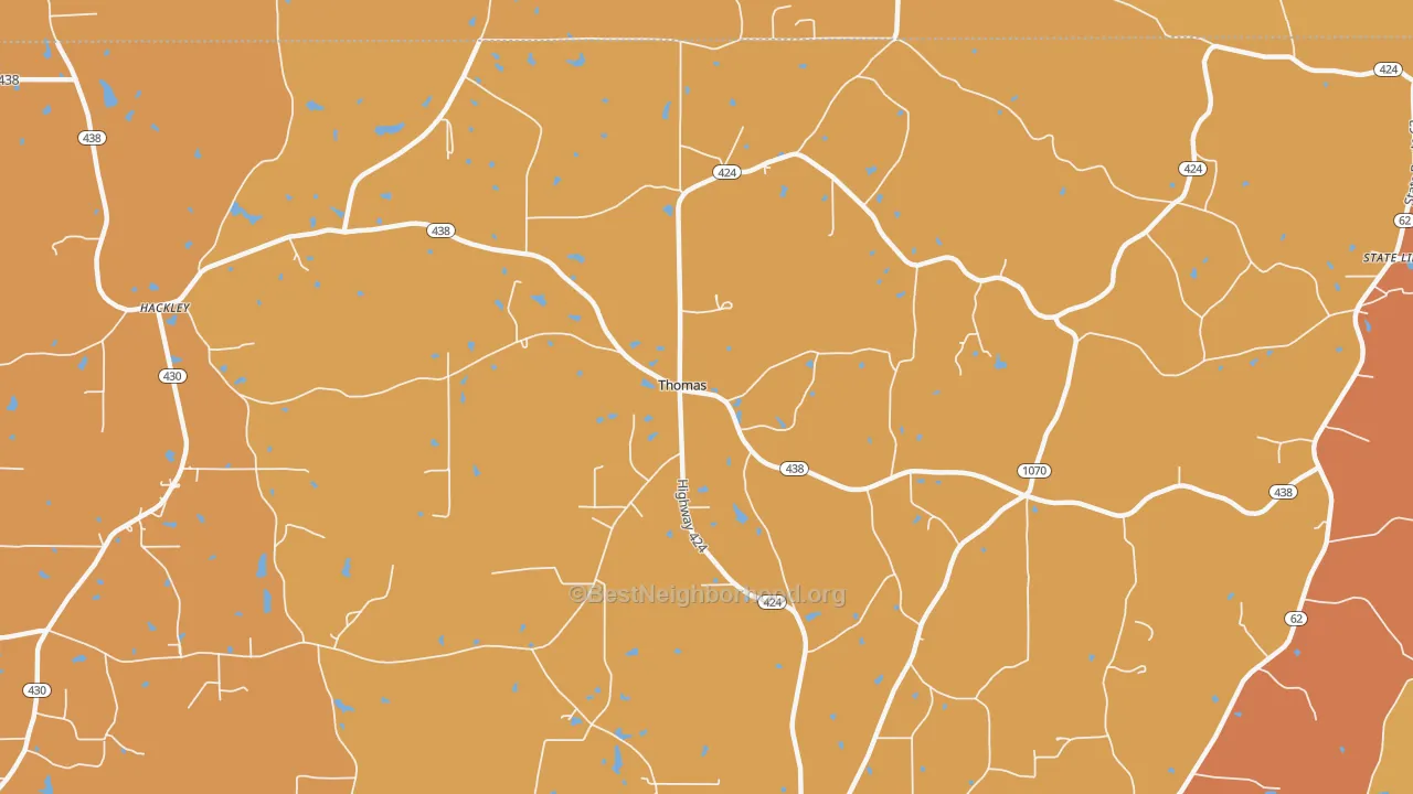 Map of the best neighborhoods in the Thomas area, with better matches in green and worse matches in red