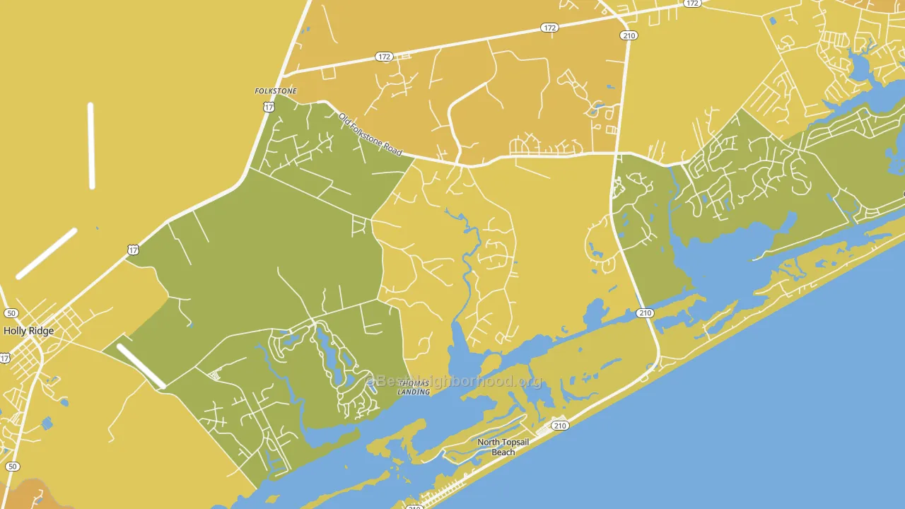 Map of the best neighborhoods in the Thomas Landing area, with better matches in green and worse matches in red