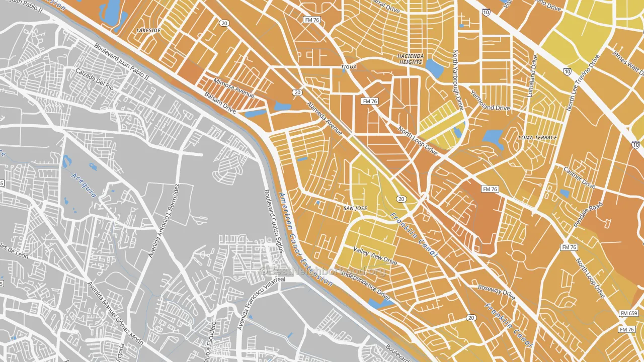 Map of the best neighborhoods in the Thomas Manor, El Paso area, with better matches in green and worse matches in red