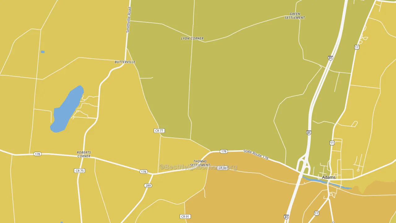 Map of the best neighborhoods in the Thomas Settlement area, with better matches in green and worse matches in red