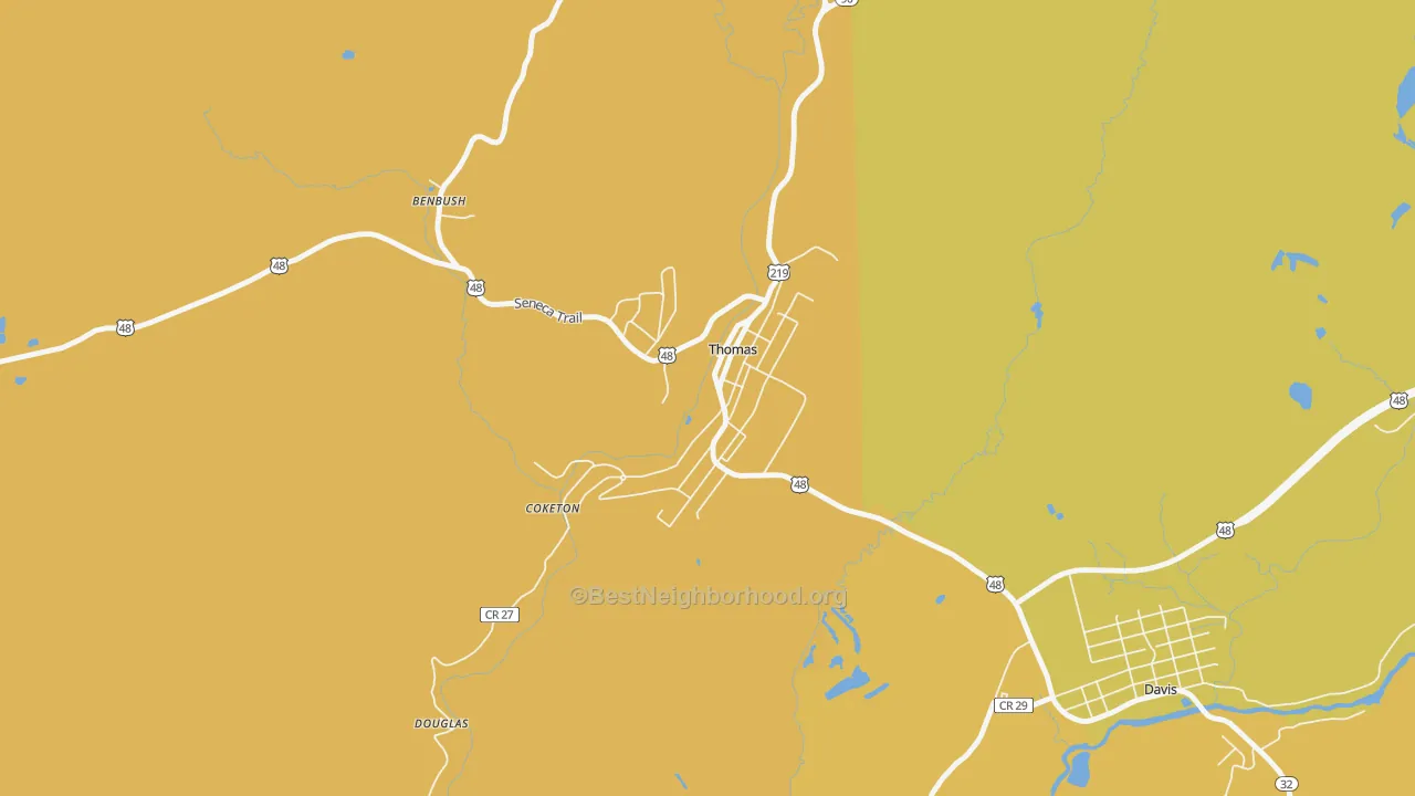Map of the best neighborhoods in the Thomas area, with better matches in green and worse matches in red