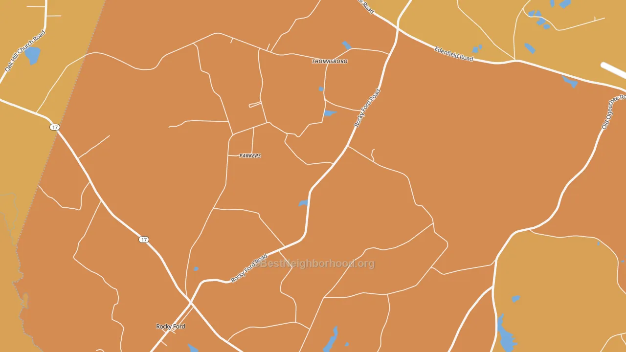 Map of the best neighborhoods in the Thomasboro area, with better matches in green and worse matches in red