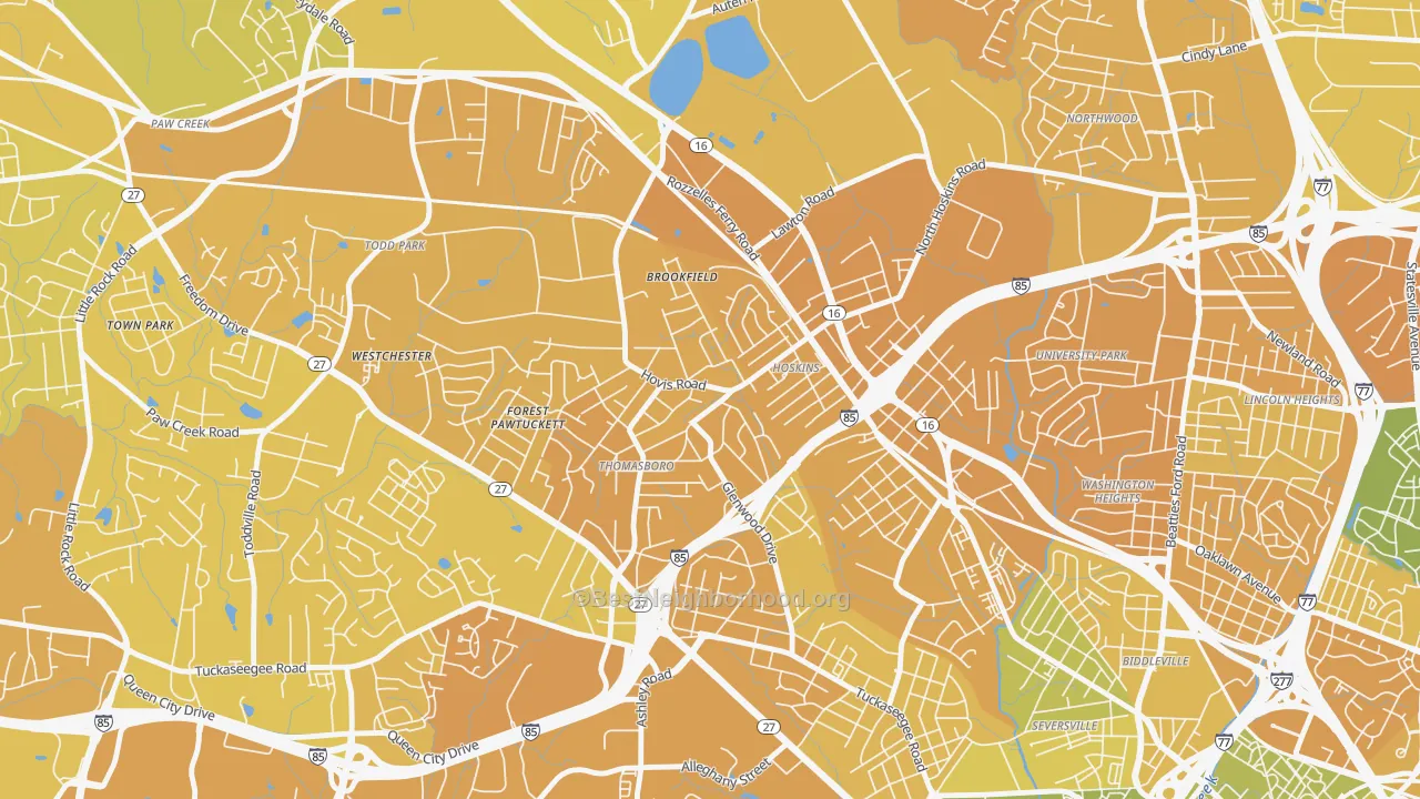 Map of the best neighborhoods in the Thomasboro-Hoskins, Charlotte area, with better matches in green and worse matches in red