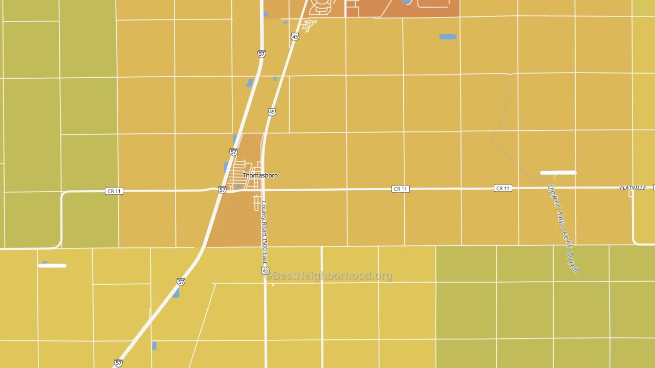 Map of the best neighborhoods in the Thomasboro area, with better matches in green and worse matches in red