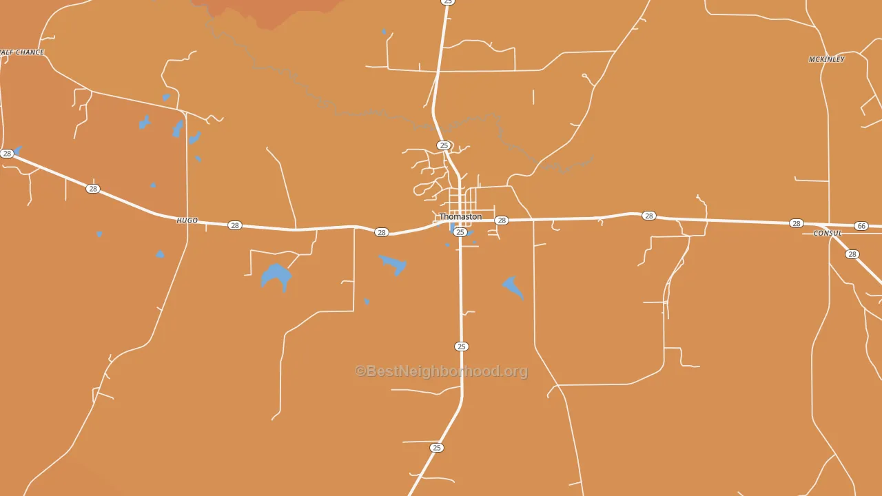 Map of the best neighborhoods in the Thomaston area, with better matches in green and worse matches in red