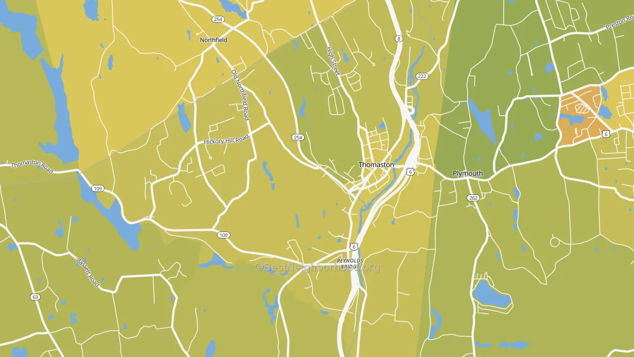 Map of the best neighborhoods in the Thomaston area, with better matches in green and worse matches in red