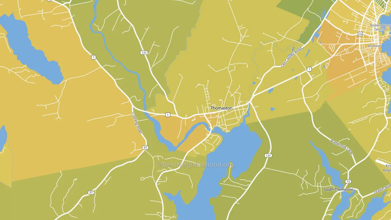 Map of the best neighborhoods in the Thomaston area, with better matches in green and worse matches in red