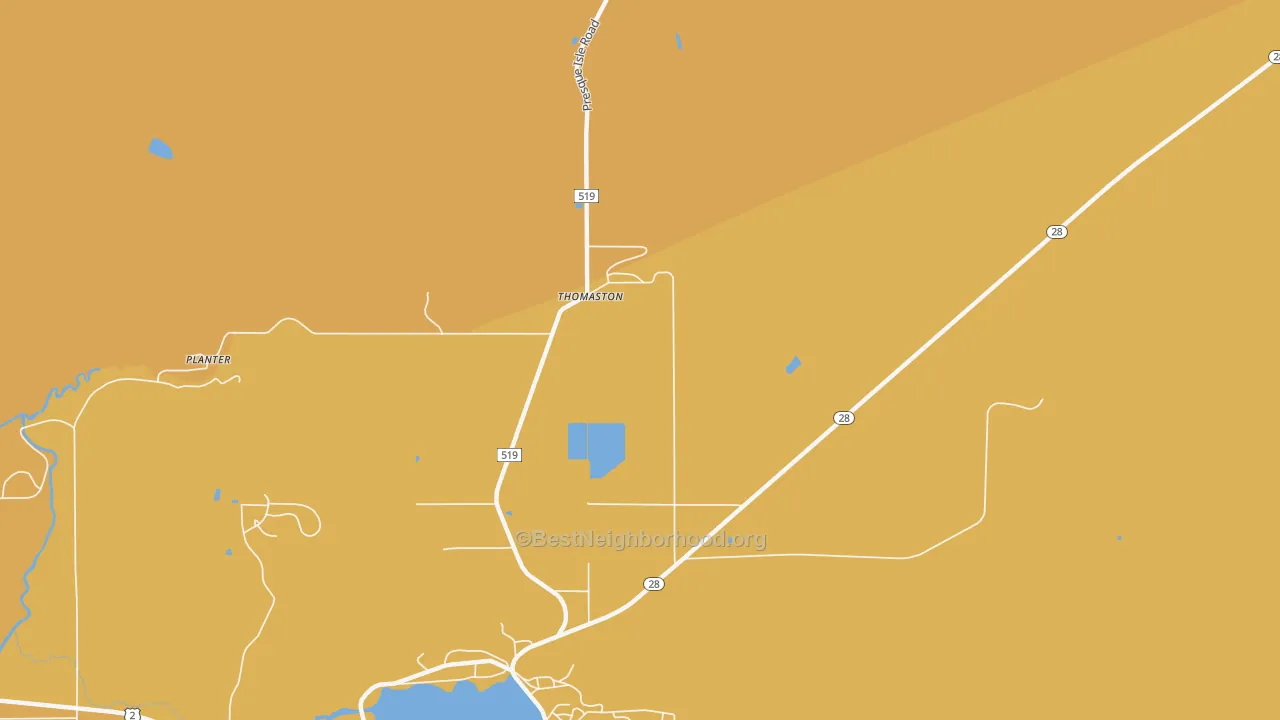 Map of the best neighborhoods in the Thomaston area, with better matches in green and worse matches in red