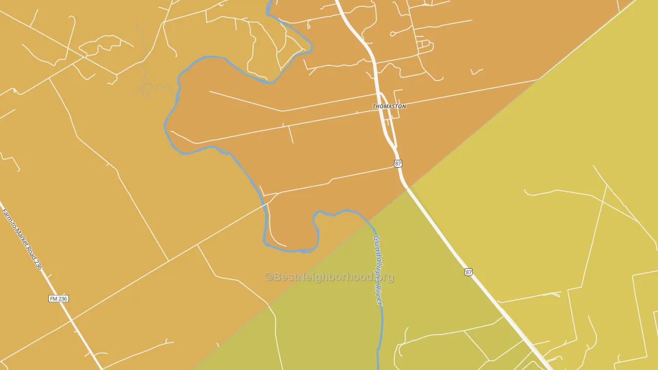 Map of the best neighborhoods in the Thomaston area, with better matches in green and worse matches in red