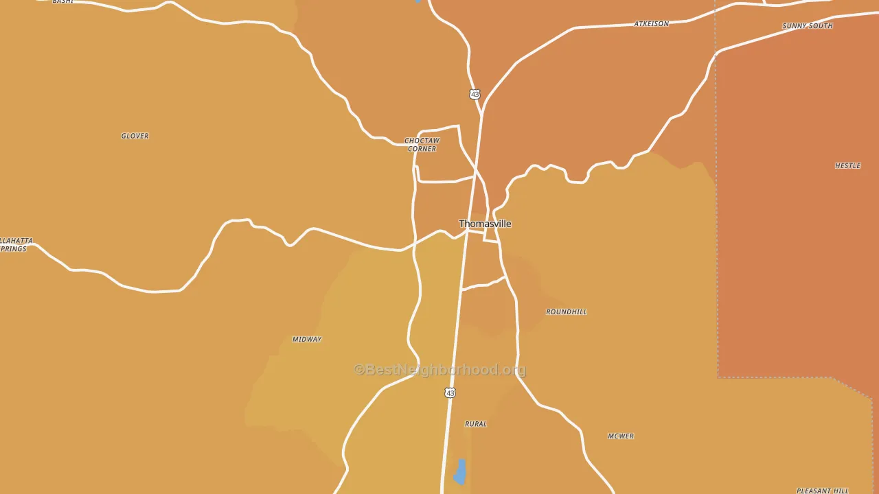 Map of the best neighborhoods in the Thomasville area, with better matches in green and worse matches in red
