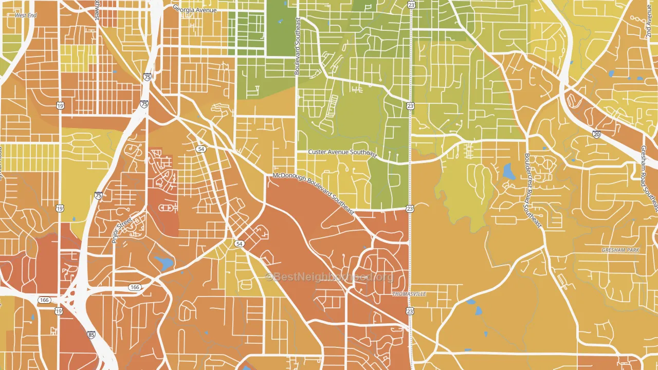 Map of the best neighborhoods in the Thomasville, Atlanta area, with better matches in green and worse matches in red
