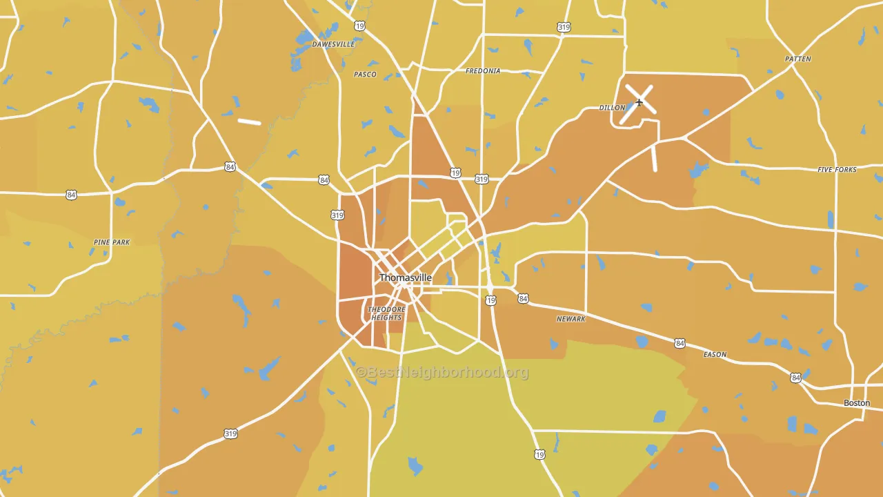 Map of the best neighborhoods in the Thomasville area, with better matches in green and worse matches in red