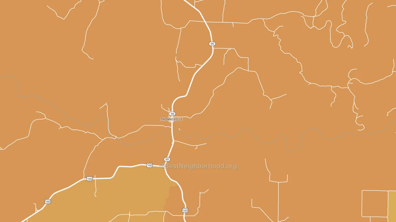 Map of the best neighborhoods in the Thomasville area, with better matches in green and worse matches in red