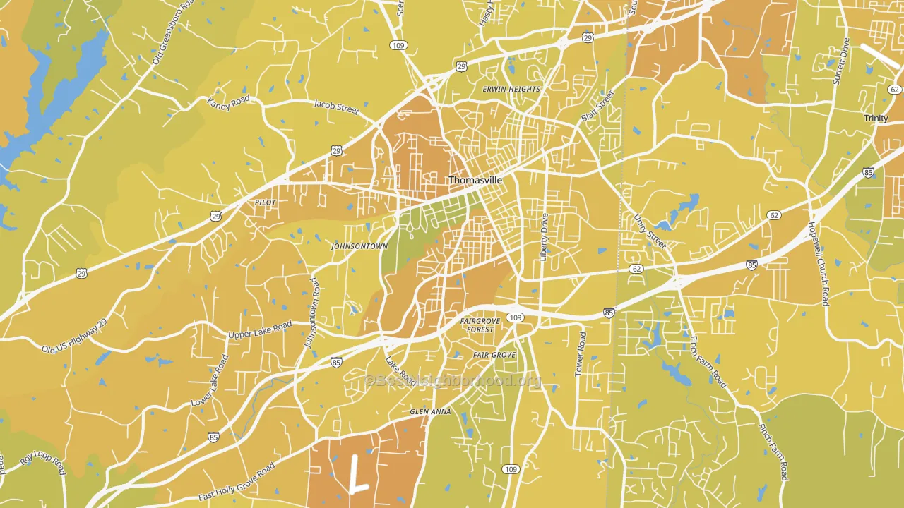 Map of the best neighborhoods in the Thomasville area, with better matches in green and worse matches in red