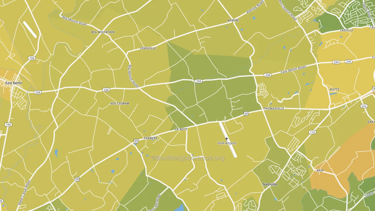 Map of the best neighborhoods in the Thomasville area, with better matches in green and worse matches in red