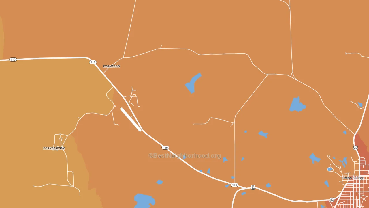 Map of the best neighborhoods in the Thompson area, with better matches in green and worse matches in red
