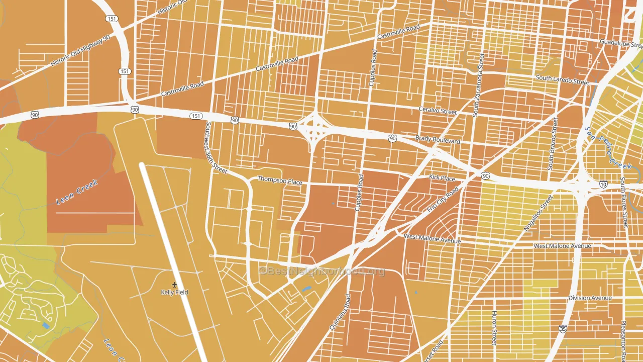Map of the best neighborhoods in the Thompson Community, San Antonio area, with better matches in green and worse matches in red