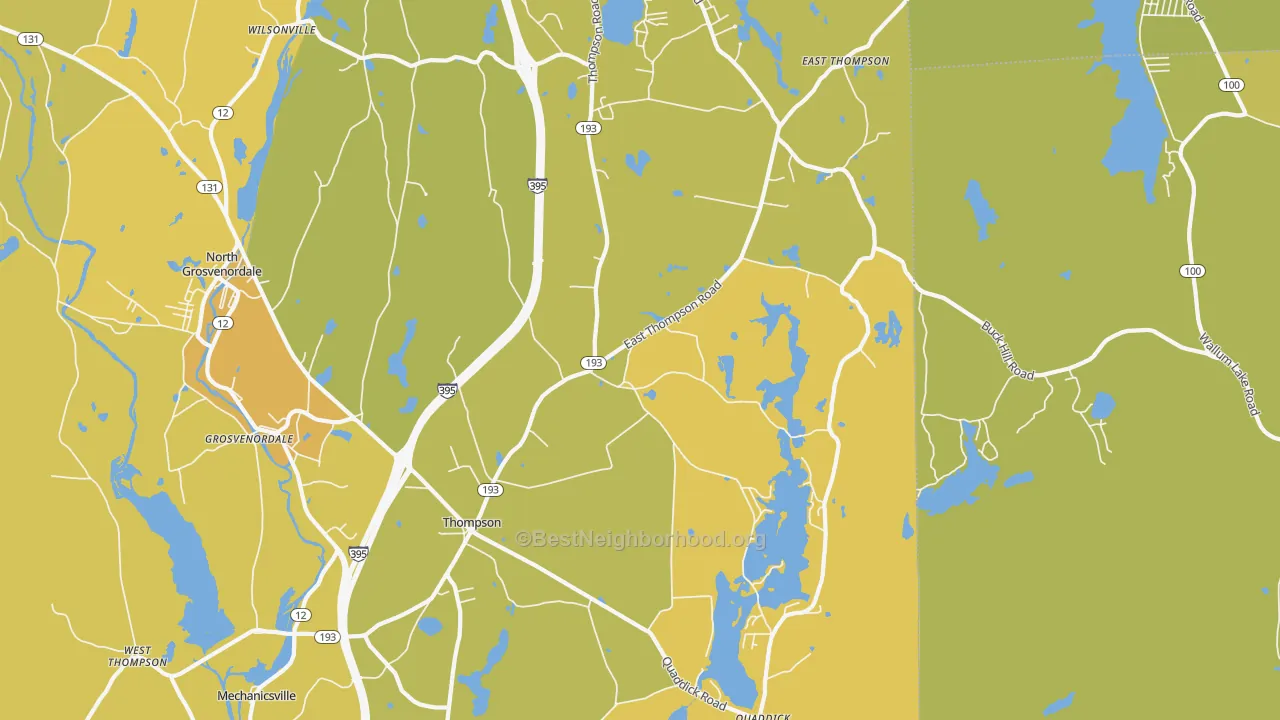 Map of the best neighborhoods in the Thompson area, with better matches in green and worse matches in red