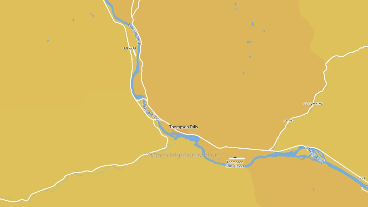 Map of the best neighborhoods in the Thompson Falls area, with better matches in green and worse matches in red